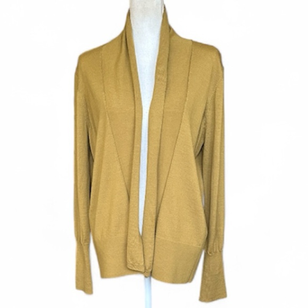 Jaeger Mustard Yellow Open Front Cardigan Sweater with Buttons on The Back Sz L